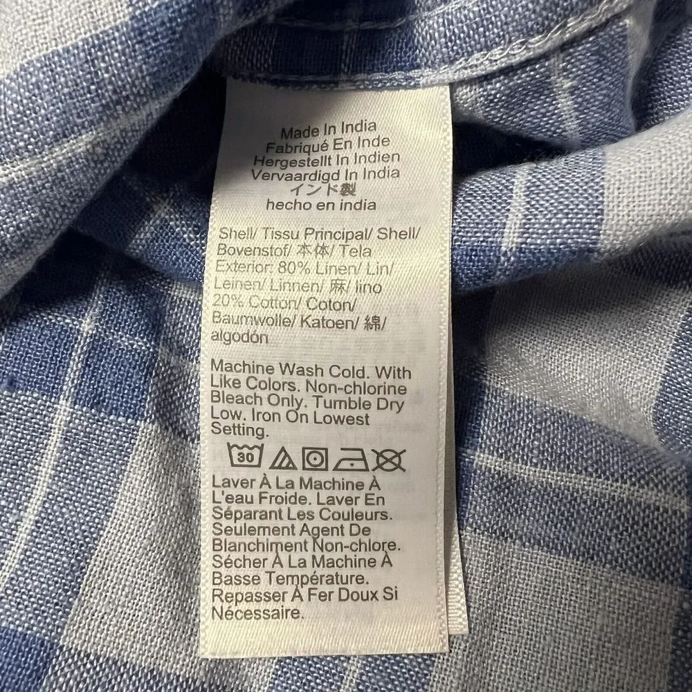 J‎ Crew Shirt Mens Large Blue Plaid Button Up Linen Casual Slim Lightweight